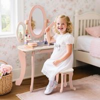 Coiffeuse Moderne et Tendance en Bois avec Miroir, Armoire et Rangement pour Chambre d'Enfant, Ensemble de Maquillage avec Panneau