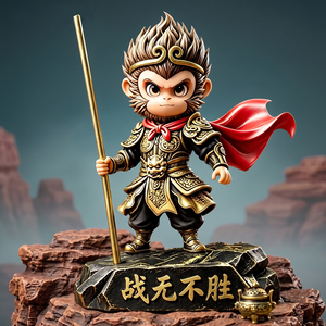 Figurine Monkey King Sun Wukong, sculpture Chibi, armure dorée, cape rouge, bâton, base de victoire, décoration de la maison, cadeau - Product Image 1