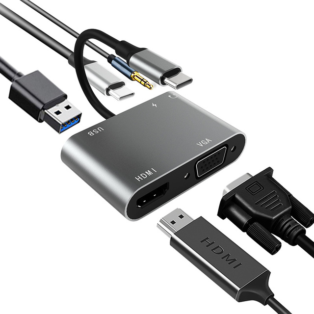 Aluminium Multifunction USB 3.0 Docking Station 5 Port Type C to HDMI 4k Usb 3.0 Hub VGA PD for Mobile Devices