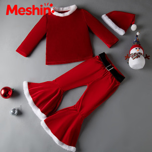 Meshin - Conjunto de Disfraces de Navidad y Año Nuevo para Niños, Camiseta de Forro Polar + Pantalones + Gorros con Estampado de Papá Noel para Bebés, Niños y Niñas - Product Image 3
