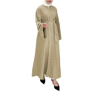 Fashion Solid Color Flared Sleeve Cardigan Beading Pearl Open Front Dress Robe Muslim Islamic Women Clothes