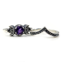 Hécate Triple Lune Anneau Ensemble Améthyste Ou Cristal Rouge Bague De Mariage Unique Lune Déesse Anneaux Pour Femmes Gothique Cadeau