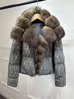 Janveny Nouvelle Veste Courte Matelassée Hiver Oversize en Véritable Fourrure de Renard et de Raton Laveur avec Paillettes, Entièrement Zippée, Chaude, pour Femme, en Duvet de Canard Blanc