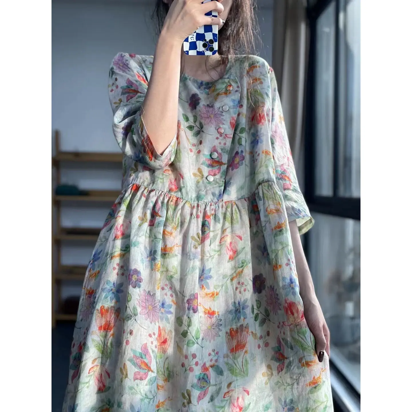 2023 Summer new cotton linen floral dress women loose big yards round neck in the sleeve thin long skirt
