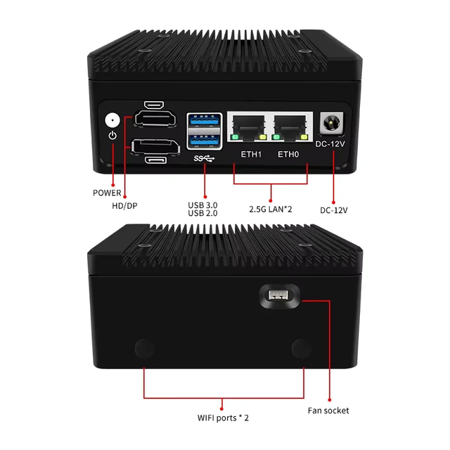 12th Gen Alder Lake N100 Fanless Mini PC 4 Cores 2x2.5G Lan Win11 Low Power Rugged Industrial Mini Box Computer 16G DDR5 HD DP