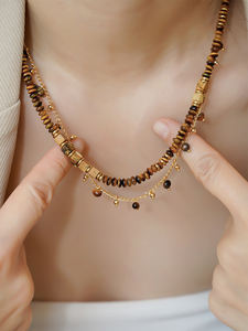 สร้อยคอสไตล์วินเทจ <span class=keywords><strong>JoJo</strong></span> สำหรับทุกเพศ ขายดี ลูกปัดไทเกอร์อายและพิคเจอร์แจสเปอร์ ชุบทอง 14K หินธรรมชาติ ทำด้วยมือ - Product Image 2