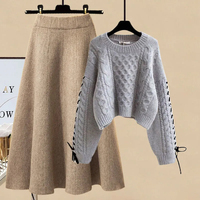 Nouveau automne et hiver lâche mode col rond tricoté pull pull minceur jupe deux pièces ensemble pour les femmes