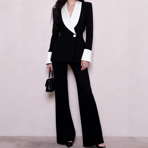 Elegante Completo da Donna con Blazer e <span class=keywords><strong>Pantaloni</strong></span> Bianco/Nero a Contrasto, Set Due Pezzi Femminile alla Moda con Bottone Singolo e Colletto a Risvolto, Vestibilità Slim - Product Image 1
