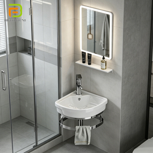 <span class=keywords><strong>Lavabo</strong></span> <span class=keywords><strong>de</strong></span> Esquina Pequeño para <span class=keywords><strong>Baño</strong></span>, Montado en la Pared, <span class=keywords><strong>con</strong></span> Soporte <span class=keywords><strong>de</strong></span> Acero Inoxidable, Moderno Lavamanos <span class=keywords><strong>de</strong></span> Cerámica Colgante - Product Image 1