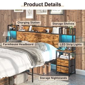 SENYU Rustic Queen Size <b>Wooden</b> <b>Bed</b> <b>Frame</b> <b>with</b> <b>Storage</b> Headboard and Metal <b>Frame</b> Bedroom Furniture - Product Image 4