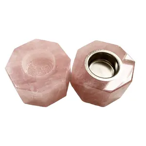 Portavelas de cristal Natural tallado a mano, soporte de cristal curativo de cuarzo rosa para regalo