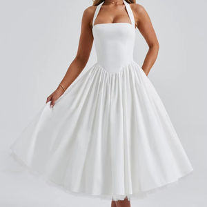 Robe pour femme en polyester respirant, style européen et américain, nouvelle collection, pour soirée, longueur genou, taille haute, jupe bouffante, couleur unie, dentelle - Product Image 1