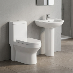 Ensemble combiné de salle de bains sanitaire en céramique avec pied de lavabo et placard à eau monobloc de qualité pour l'exportation Design de couleur blanche - Product Image 1