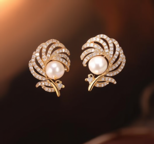 Orecchini a Forma di Piuma Placcati Oro con Cristalli, Strass e Perle, Gioielli Classici da Sposa per Donne - Product Image 2