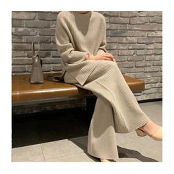 Womens Suit Knit Sweater Set Custom Designer Winter Cotton Polyester Knit Sweater 2 Piece Set Women Knit Two Piece Sweater Set