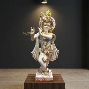Estatua de Lord Krishna de Mármol Cultivado de 31 Pulgadas |   Ídolo de Krishna Blanco y Dorado Hecho a Mano para Templo en Casa, Decoración y Regalos - Product Image 3