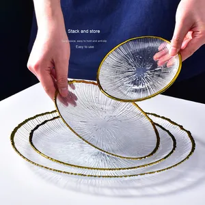 Platos de cristal con borde dorado para fiestas en restaurantes, platos de cristal con rayas, plato transparente para ensalada occidental, plato para la cena - Product Image 2