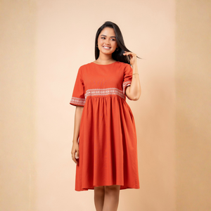 Vestido Corto de Lino Naranja de Primera Calidad, con Bordado Intrincado, para Mujer - Product Image 5