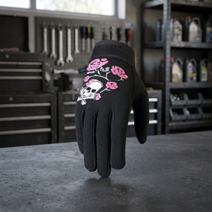 JNA GROUP ถุงมือทำงาน PU สีดำ ลายกุหลาบสีชมพู ดีไซน์รูปหัวกะโหลก สายรัดข้อมือแบบยืดหยุ่น ปลายนิ้วกันลื่น 11 ออนซ์ - Product Image 3