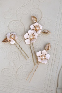 Fancy Gold Plating and Enamel Rhinestone Pearl Flower Bridal <strong>Hair</strong> <strong>Pins</strong> <strong>Wedding</strong> - Product Image 3