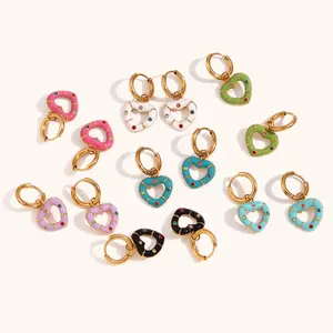 Dingran Cute Jewelry Enamel Heart Earring Gold Plated Stainless Steel Jewelry Dorp Earrings