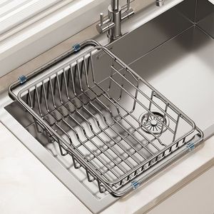 Égouttoir télescopique en acier inoxydable avec contrôle de l'eau pour évier de cuisine et rangement de vaisselle - Product Image 1