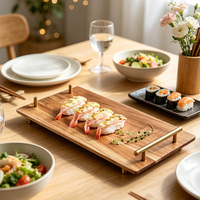 Plateau rectangulaire en bois avec poignées métalliques, plateau alimentaire en bois pour cuisine, restaurant, sushi, en-cas