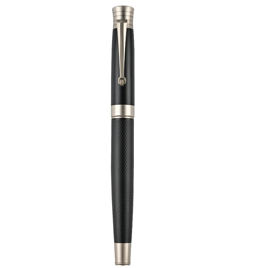 High Quality Luxury Black Metal Fountain Pen Striped Carving Personalized Cap Metal Fountain Pen Custom logo Pen for Promotion