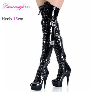 Bottines sexy à talons hauts de 15 cm, au-dessus du genou, avec boucles et fermeture à lacets, fermeture éclair à l'intérieur, bottes cuissardes pour femmes - Product Image 2