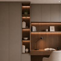 Bibliothèque de bureau à domicile personnalisée avec bureau intégré, étagères ouvertes et rangement par tiroirs