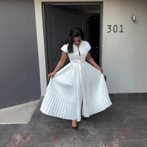 Boutique all'ingrosso 2025 autunno nuovo stile alla moda con risvolto a vita alta dimagrante abito da <span class=keywords><strong>donna</strong></span> a maniche corte - Product Image 2