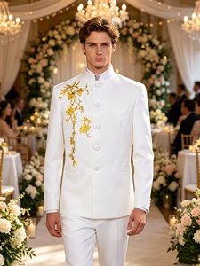 Costume homme blanc à col mandarin, ensemble 2 pièces, <span class=keywords><strong>veste</strong></span> tunique style chinois à motifs floraux dorés et pantalon habillé pour <span class=keywords><strong>mariage</strong></span> et spectacle - Product Image 1