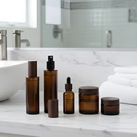 Pot cosmétique givré avec pompe pulvérisatrice et compte-gouttes, ensemble de soins de la peau, couvercle hydrographique effet bois, verre ambré, commande personnalisée, vente en gros