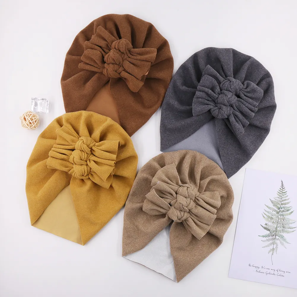 Triple Knots Bow Turban Baby Cashmere Folds Bowknot Children's Donut Hat New Fashion Elastic Baby Beanie for Girls