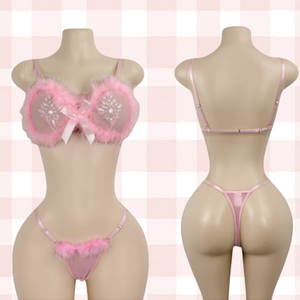 ชุดบอลรูมสีชมพูสวยงาม ผ้าพลัฌเนื้อนุ่ม ซีทรู ชุดสองชิ้น บราไร้โครงเหล็ก ชุดนักเต้นระบำเปลื้องผ้า ชุดเต้นรำแปลกใหม่ - Product Image 1