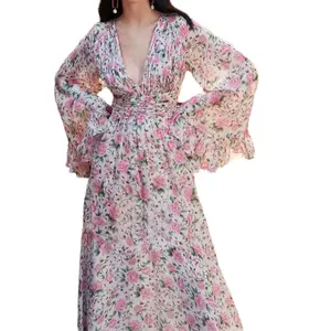 Women's Casual Cotton Knitted Dress Sexy Ruffled Waist V-Neck Floral Skirt Long