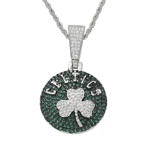 Hip Hop Jewelry Brass Material 5A Cubic Zirconia Gold Silver Plated Clover Necklace Basketball Celtics Necklace Pendant