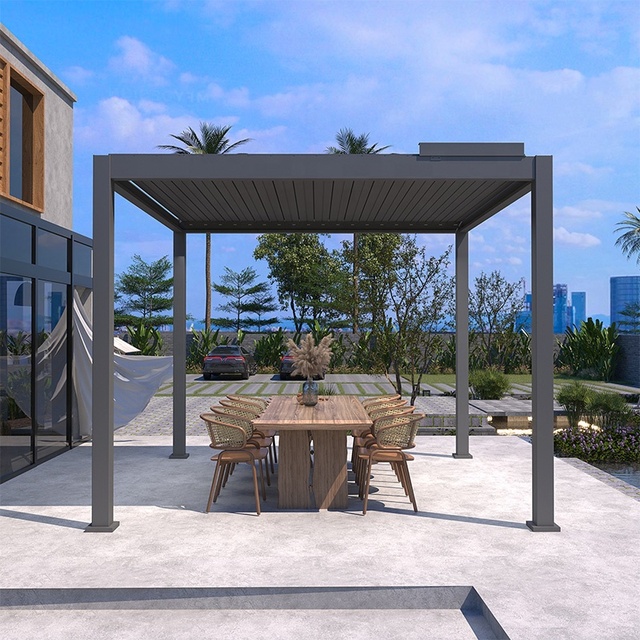 Light Duty Aluminum Powder Coated Motorized Pergola with Adjustable Roof Louver for Balcony and Garden-Bioclimatic Design