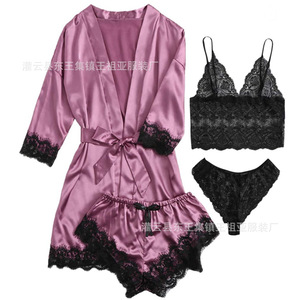 Nouvel ensemble de pyjama 4 pièces pour femmes de style européen et américain, ensemble de pyjama en satin avec dentelle, comprenant une robe, une lingerie et - Product Image 2