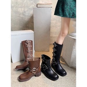 Nouvelle Botte de Moto Imperméable Vintage Western Cowboy à Bout Rond et au-dessus du Genou en PU Marron Uni Tendance 2026 - Product Image 5