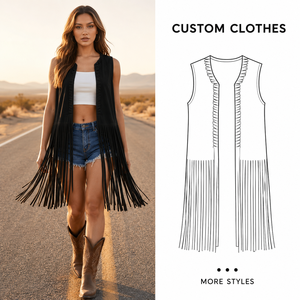 Nuevo Estilo Chaleco Vaquero Occidental de Color Sólido con Borlas sin Cuello de Poliéster para <span class=keywords><strong>Mujer</strong></span>, Tallas Grandes - Product Image 1