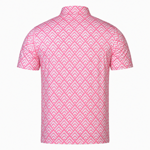 เสื้อโปโลพิมพ์ลายเรขาคณิตสีชมพูสำหรับผู้ชาย เสื้อกอล์ฟสำหรับใส่ในรีสอร์ท แห้งเร็ว เหมาะสำหรับฤดูร้อน ขายส่ง มีสินค้าพร้อมส่ง - Product Image 5