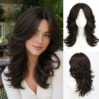 Peluca de Mujer Marrón Oscuro con Corte de Lobo, en Capas, Ajustable, con Flequillo Lateral, Resistente al Calor, Cabello Sintético, para Uso Diario, Moda y Fiestas, Suministro de Fábrica