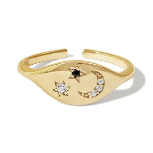 Best sell 18k gold plated 925 sterling silver mat signet star and moon ring