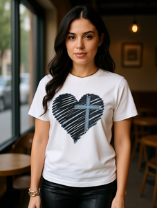 T-Shirt da Donna a Maniche Corte con Collo Tondo e Motivo a Cuore Incrociato, Top Casual per San Valentino, Traspirante e Leggero in Jersey di Cotone - Product Image 2