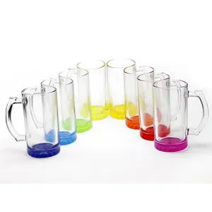 Topjlh premium quality clear transparent surface 16oz glass beer steins custom design dye printing beer mugs with handle