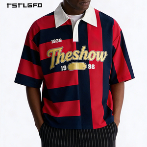 Camisetas Polo Personalizadas al por Mayor con Estampado de Verano en Bloques de Color, OEM/ODM, Rojas y Azul Marino con Rayas Gráficas para Hombre - Product Image 3