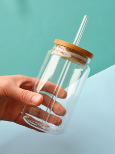 แก้วดื่มน้ำใสขนาด350มล. 500มล. ปากกว้างพร้อมฝาและหลอดไม้ไผ่สำหรับเบียร์เย็นๆกาแฟน้ำผลไม้ - Product Image 6