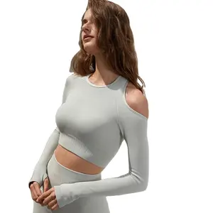 Aoyema Custom T-shirt High Quality Ladies Womens Thumb Hole Tops Fitness Workout Gym Ribbed Long Sleeve Crop Top with Pad