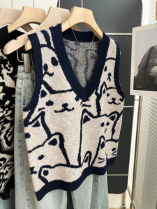 Gilet en tricot pour femme, motif chat de dessin animé mignon, col en V, sans manches, ample, décontracté, pour superposition, OEM ODM - Product Image 1